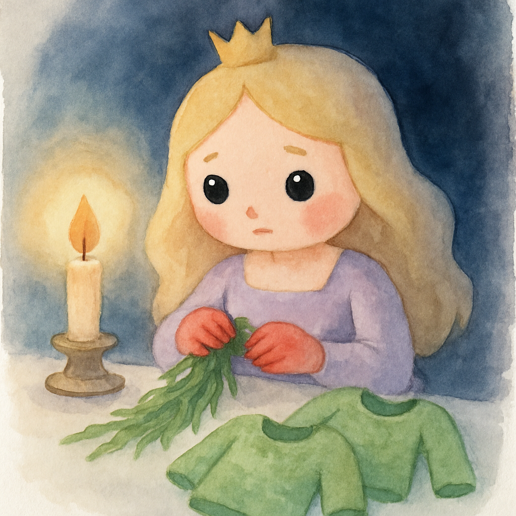 공주가 손이 아프지만 쐐기풀로 옷을 만들며 침묵을 지키는 장면